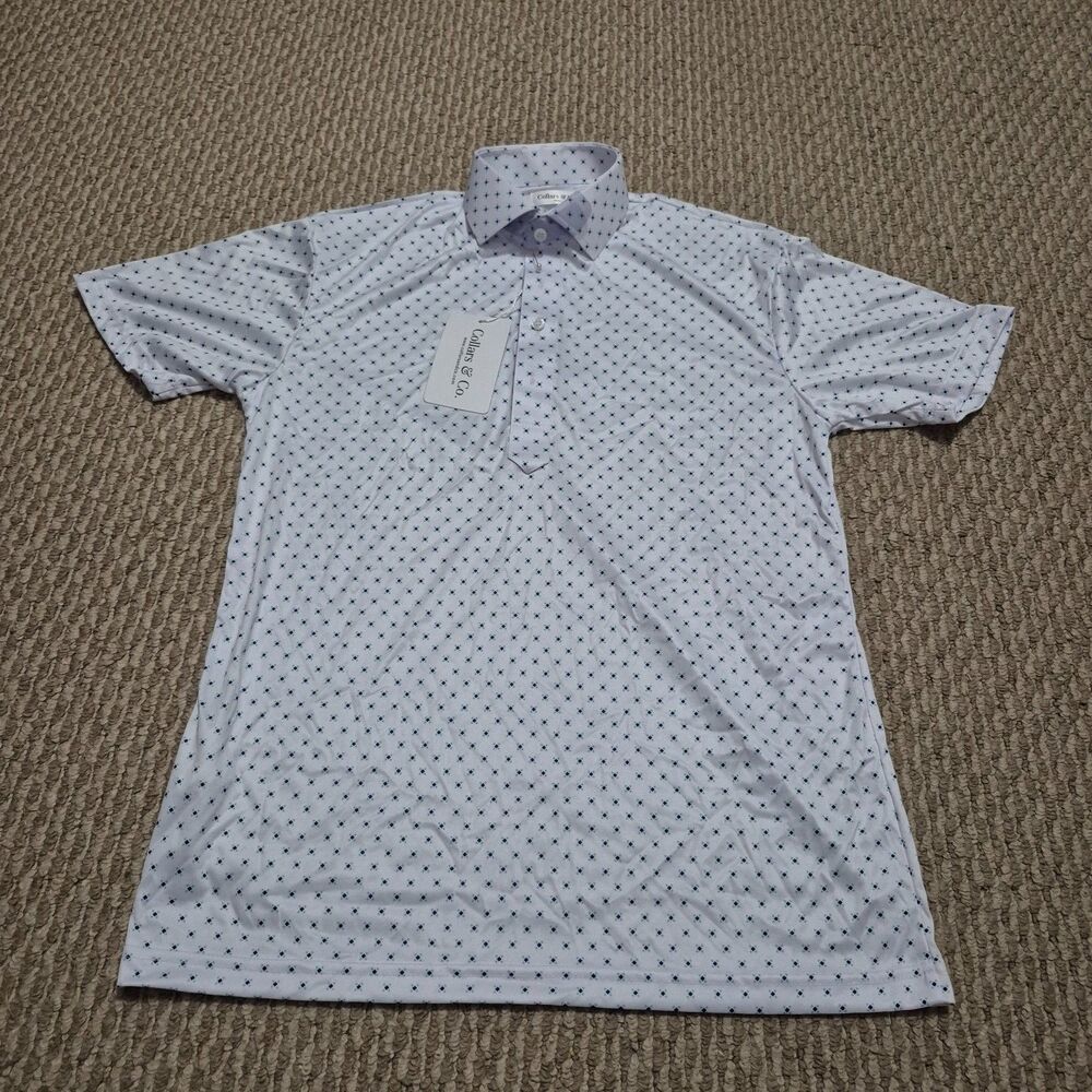 Collars & Co Men Size S Dress Collar Polo White Blue Geometric Short Sleeve NWT